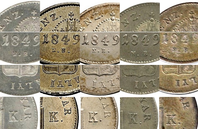 A hat krajcáros érmék verőtő változatai