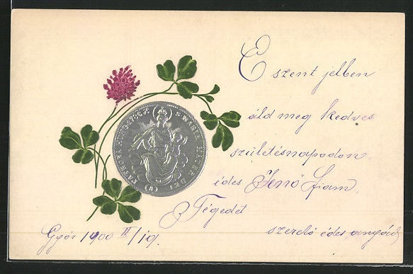 Régi üdvözlőkártya 1786-os Mária Terézia tallérral