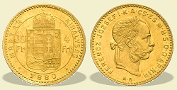 1880-as módosított portrés 4 forint / 10 Frank KB (Körmöcbánya) - (1880 4 forint / 10 Frank)