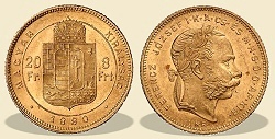 1880-as 8 forint / 20 Frank KB  kis fej (Körmöcbánya) - (1880 8 forint / 20 Frank)