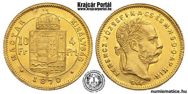 1870-es 4 forint / 10 frank GYF (Gyulafehérvár) - (1870 4 forint / 10 frank)