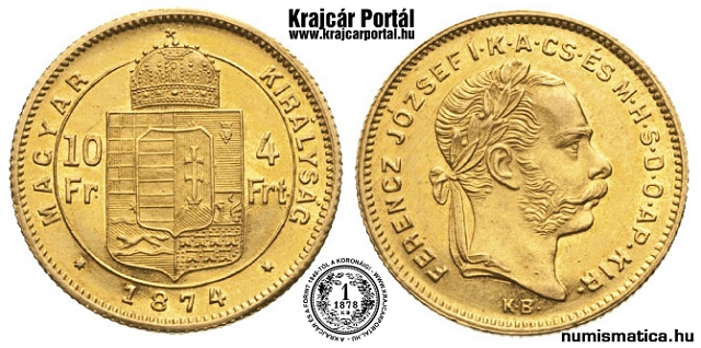 1874-es 4 forint / 10 frank KB (Körmöcbánya) - (1874 4 forint / 10 frank)