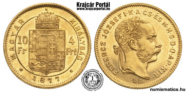 1877-es 4 forint / 10 frank KB (Körmöcbánya) - (1877 4 forint / 10 frank)