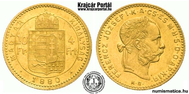 1880-es módosított portrés 4 forint / 10 Frank KB (Körmöcbánya) - (1880 4 forint / 10 Frank)