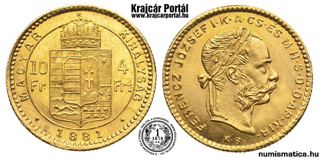 1881-es 4 forint / 10 frank - (1881 4 forint / 10 frank)