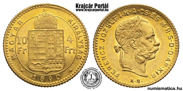 1890-es 4 forint / 10 frank - (1890 4 forint / 10 frank)