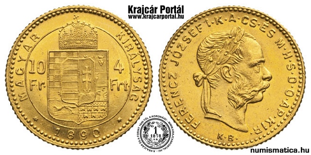 1890-es 4 forint / 10 frank - (1890 4 forint / 10 frank)