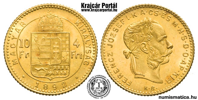 1892-es 4 forint / 10 frank - (1892 4 forint / 10 frank)