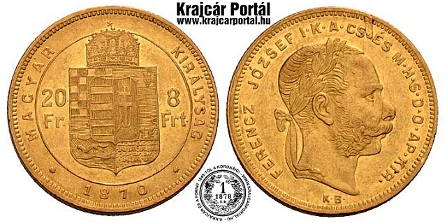 1870-es 8 forint / 20 frank KB (Körmöcbánya) - (1870 8 forint / 20 frank)