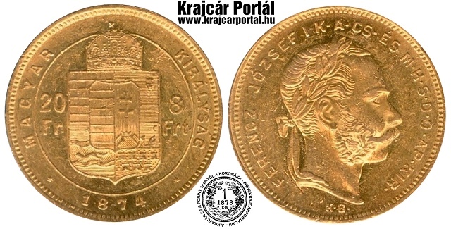 1874-es 8 forint / 20 frank KB (Körmöcbánya) - (1874 8 forint / 20 frank)