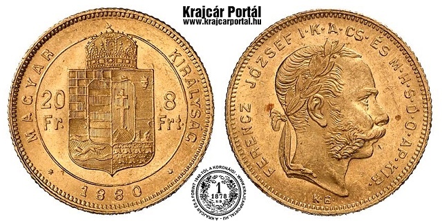 1880-as 8 forint / 20 Frank KB kis fej (Körmöcbánya) - (1880 8 forint / 20 Frank)