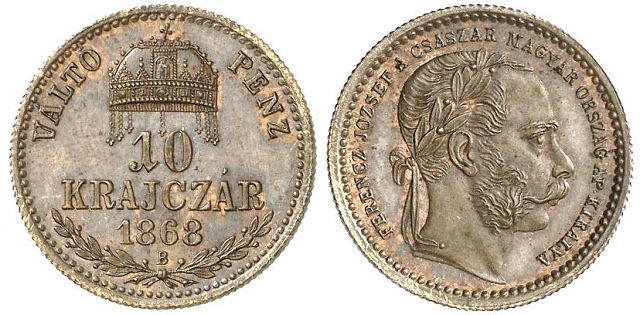 Réz "B" verdejelű próbaveret 1868-as 10 krajcár - (1868 10 krajczrar)