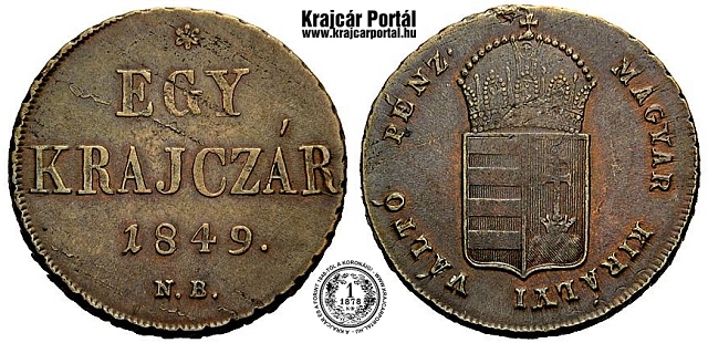 Verőtő változat Címer csücske az I betűnél 1849-es 1 krajcár - (1849 1 krajczar)